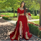Red Long A-line Sweetheart Appliques Lace Split Velvet Prom Dress with Sleeves
