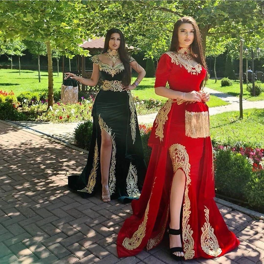 Red Long A-line Sweetheart Appliques Lace Split Velvet Prom Dress with Sleeves