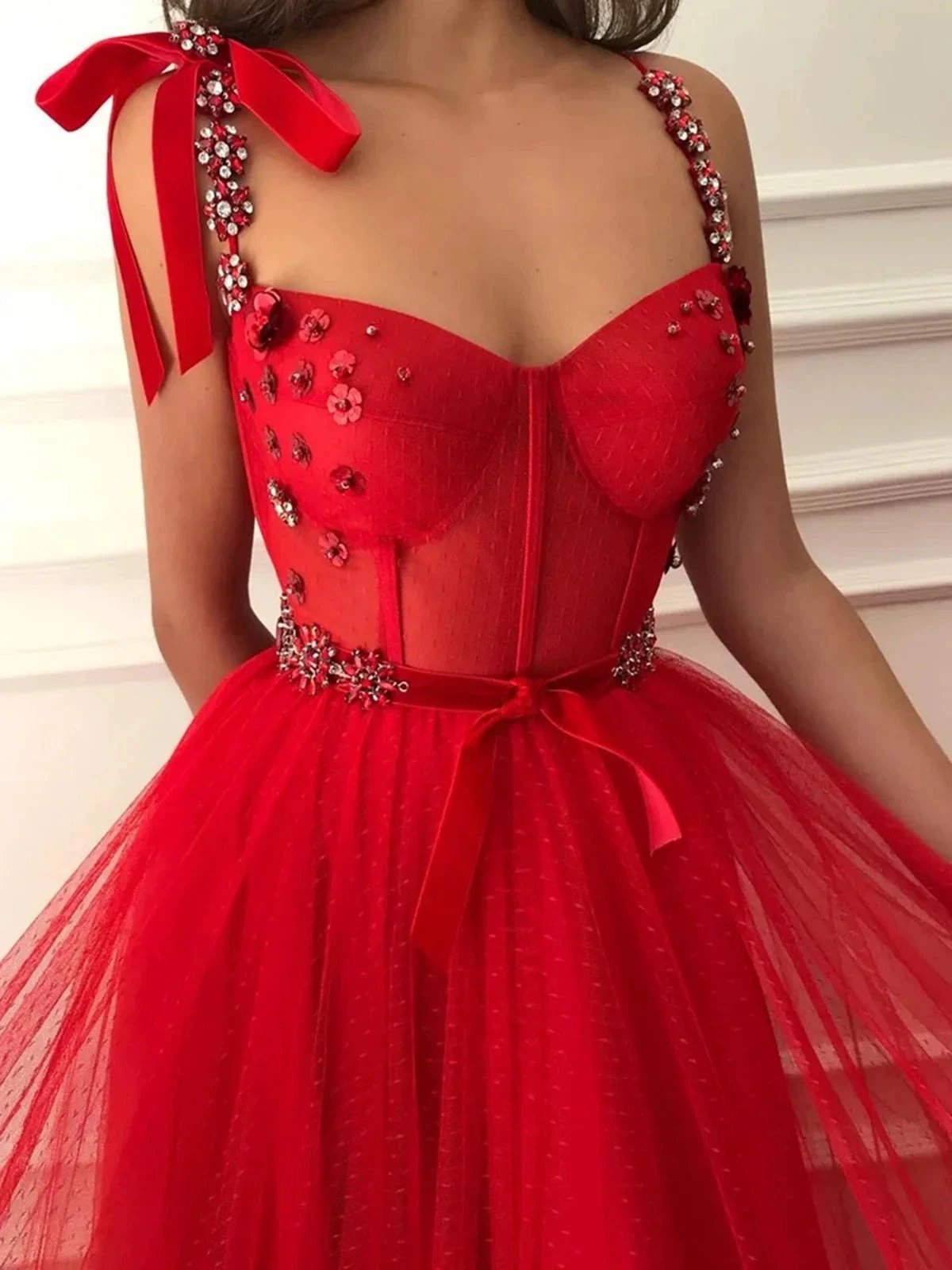 Red Long A-line Tulle Beaded Floral Formal Evening Graduation Prom Dresses