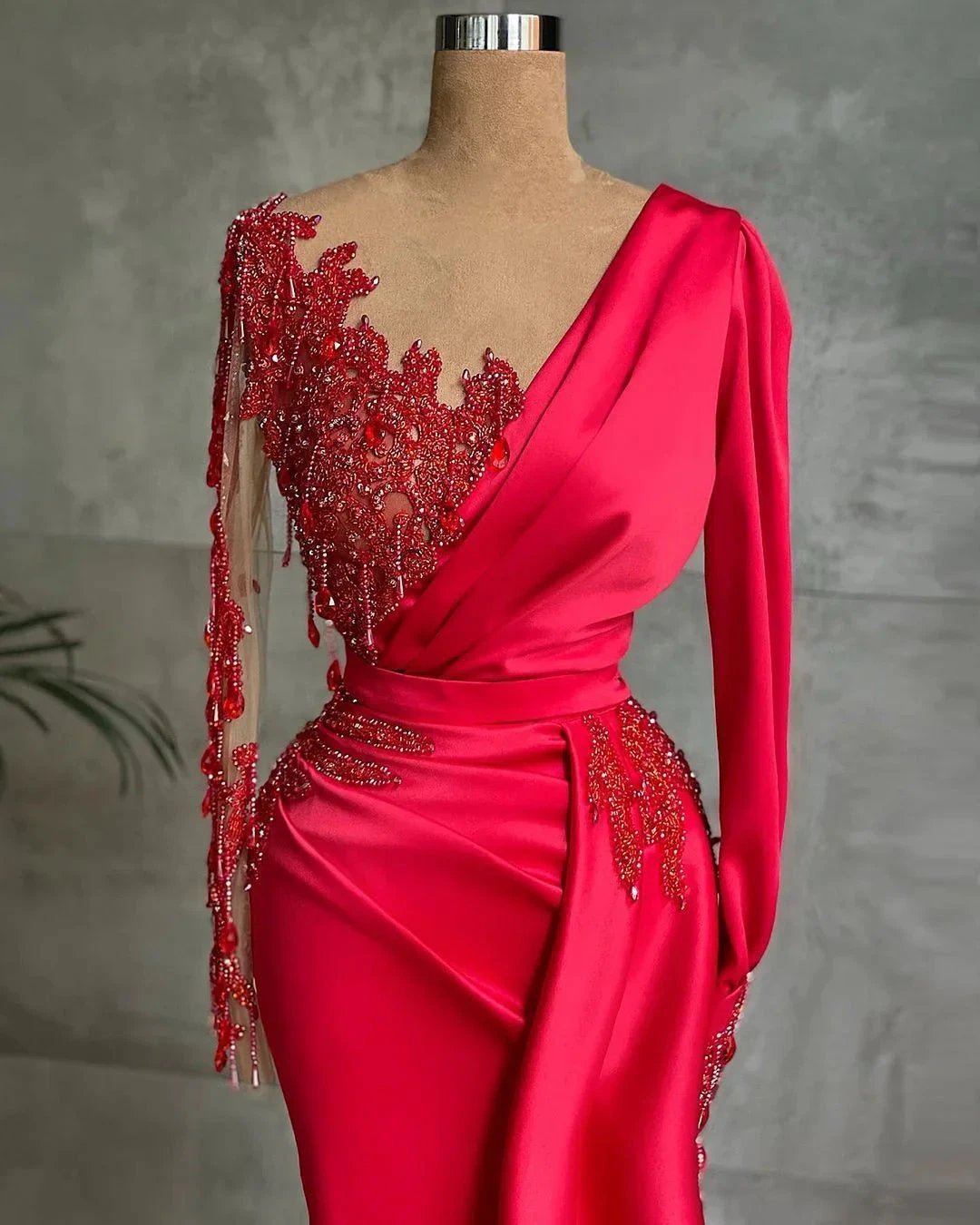 Red Long Mermaid Satin Prom Dress with Sleeves