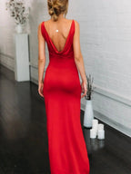 Red Long Mermaid V-neck Satin Backless Formal Prom Dresses with High Slit