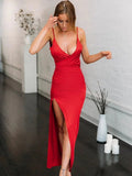Red Long Mermaid V-neck Satin Backless Formal Prom Dresses with High Slit