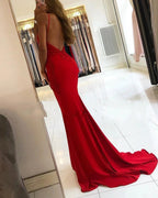 Red Long Mermaid V-neck Spaghetti Straps Backless Prom Dresses