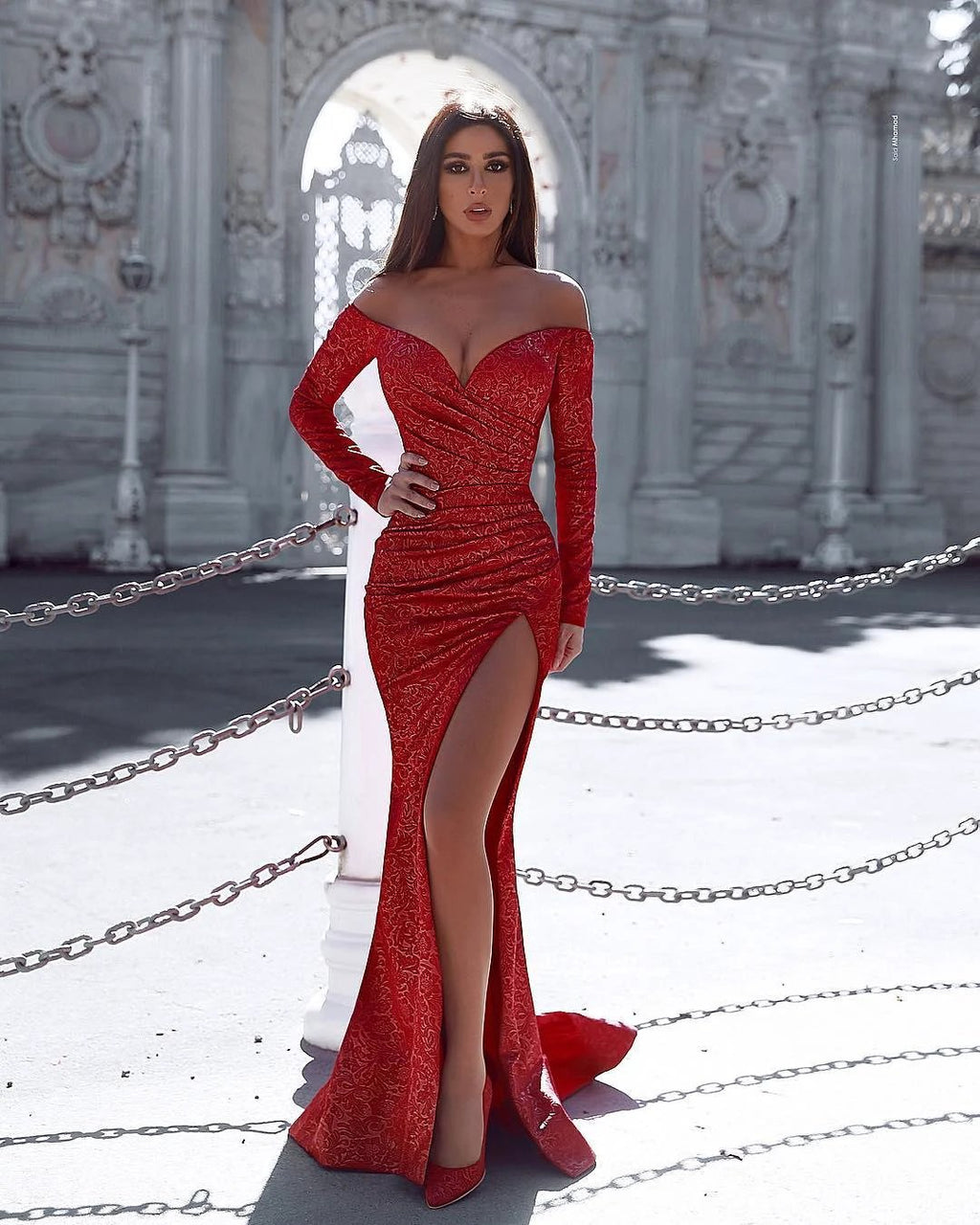 Red Long Sleeves Off-the-shoulder Mermaid Prom Dress With Slit