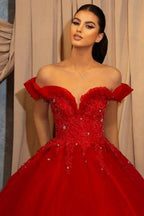 Red Off-the-shoulder Sleeveless Ball Gown Chiffon Floor-Length Prom Dresses with Lace