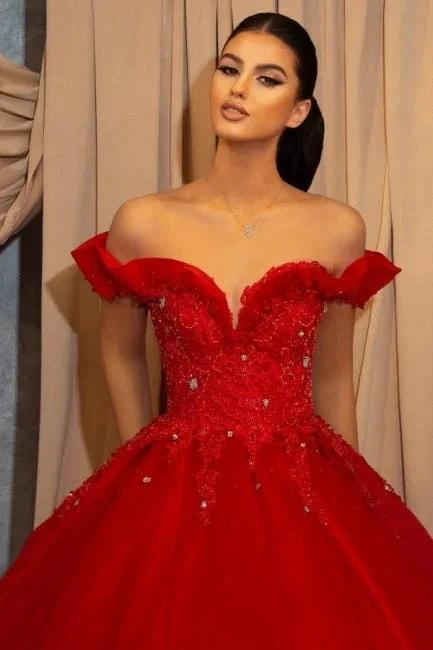 Red Off-the-shoulder Sleeveless Ball Gown Chiffon Floor-Length Prom Dresses with Lace