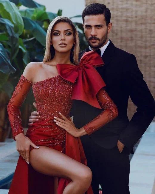 Red Sexy Long Glitter Prom Dresses With Sleeves