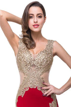 Red V-Neck Mermaid Sweep-length Appliques Formal Dresses