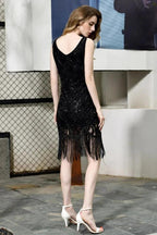 Retro Sparkly Sequins Slim Prom Dress Black V-Neck Sleeveless Flapper Roaring Party Dress