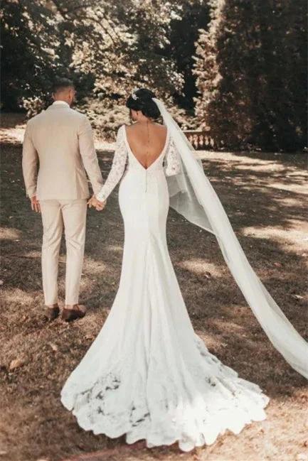 Romantic Backless Long Sleeves Mermaid Wedding Dresses
