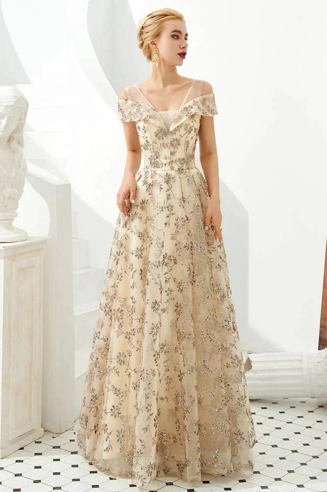 Romantic Floral Short Sleeves aline Spring Evening Party Dress Floor Length Dancing Dress