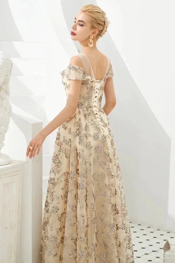 Romantic Floral Short Sleeves aline Spring Evening Party Dress Floor Length Dancing Dress
