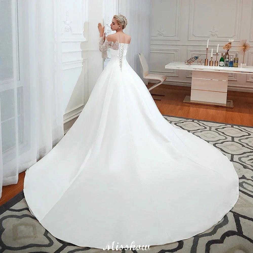 Romantic Lace Princess Satin Wedding Dress| Aline Bridal Gown with Cathedral Train