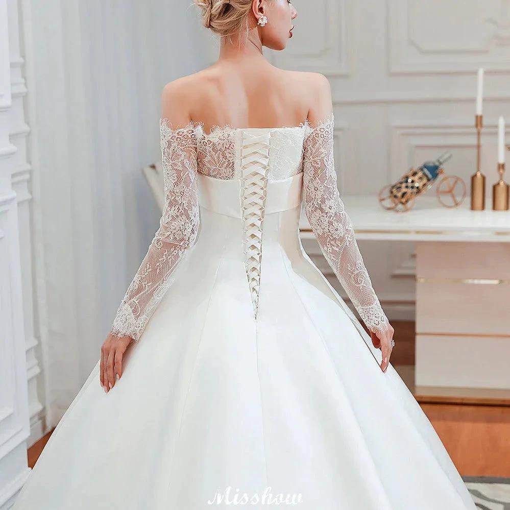 Romantic Lace Princess Satin Wedding Dress| Aline Bridal Gown with Cathedral Train