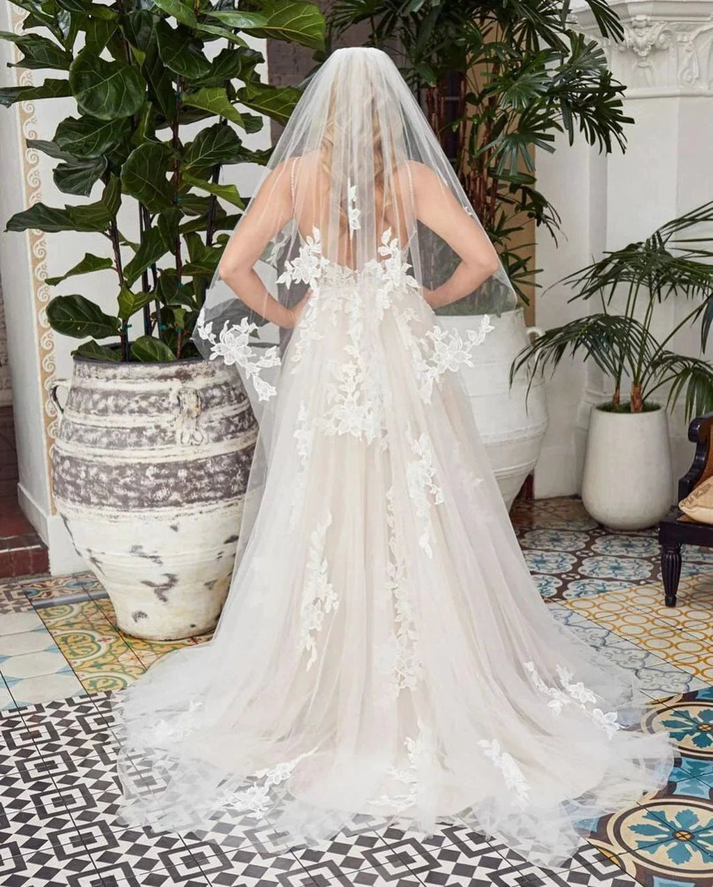 Romantic Long A-line V-neck Lace Tulle Lace Open Back Wedding Dress