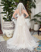 Romantic Long A-line V-neck Lace Tulle Lace Open Back Wedding Dress