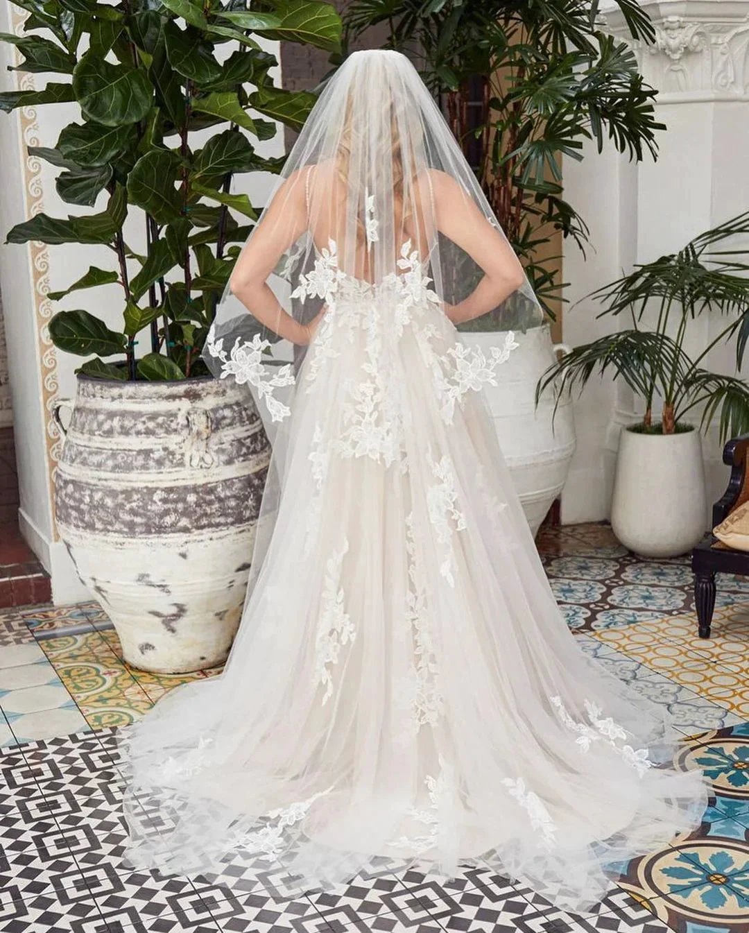 Romantic Long A-line V-neck Lace Tulle Lace Open Back Wedding Dress