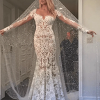 Romantic Long Appliques Backless Lace Mermaid Ivory Wedding Dresses WD140