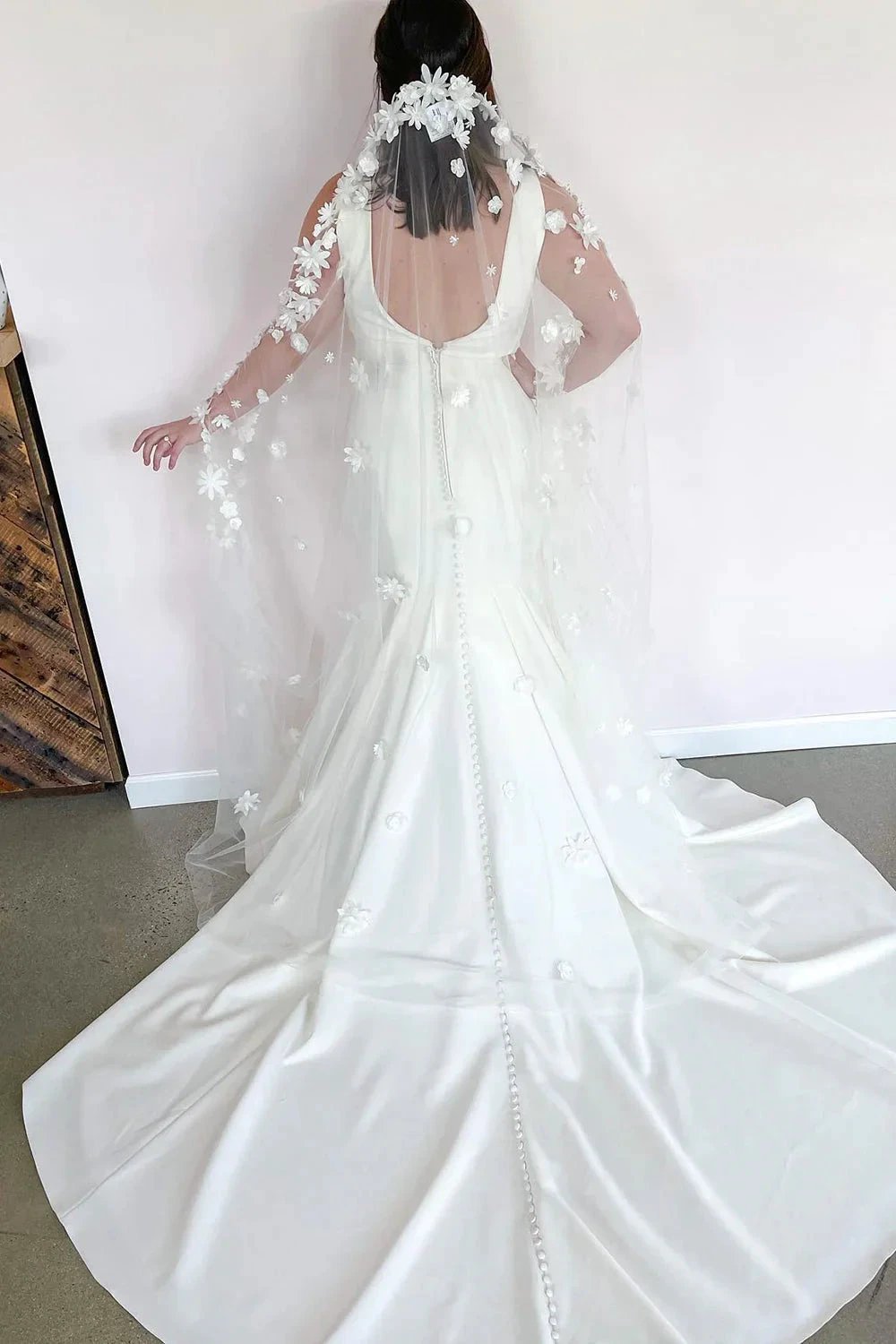 Romantic Long Mermaid V-neck Wide Straps Open Back Wedding Dress