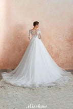 Romantic Long Sleeve Lace Ball Gown Tulle Fully Covered Buttons Aline Wedding Dress with Court Train
