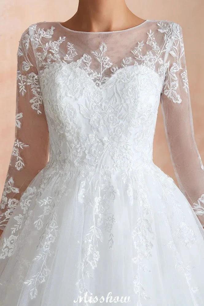 Romantic Long Sleeve Lace Ball Gown Tulle Fully Covered Buttons Aline Wedding Dress with Court Train