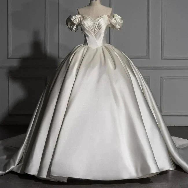 Romantic Off-the-shoulder Ball Gown Satin Wedding Dresses