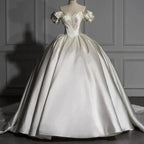 Romantic Off-the-shoulder Ball Gown Satin Wedding Dresses