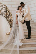 Romantic spaghetti straps cap sleeves mermaid satin Wedding dress