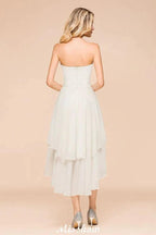 Romantic White/Ivory Sweetheart Hi-Lo Bridesmaid Dress Sleeveless Beach Wedding Guest Dress