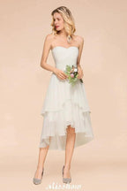 Romantic White/Ivory Sweetheart Hi-Lo Bridesmaid Dress Sleeveless Beach Wedding Guest Dress