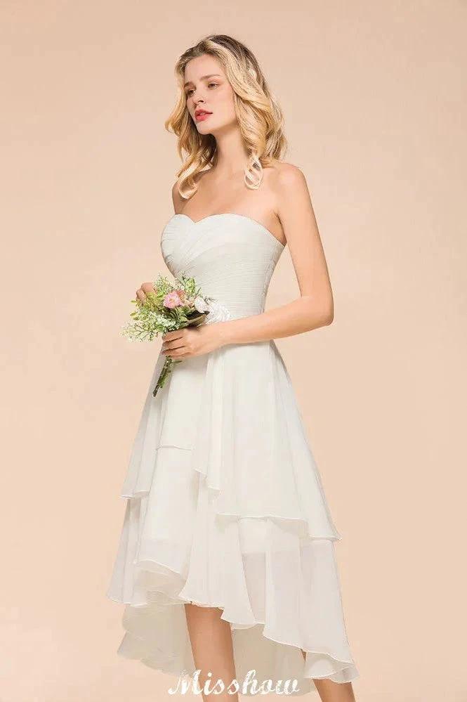 Romantic White/Ivory Sweetheart Hi-Lo Bridesmaid Dress Sleeveless Beach Wedding Guest Dress