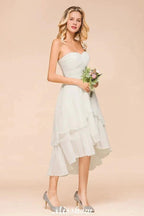 Romantic White/Ivory Sweetheart Hi-Lo Bridesmaid Dress Sleeveless Beach Wedding Guest Dress