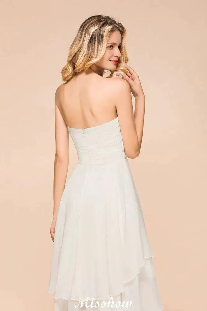 Romantic White/Ivory Sweetheart Hi-Lo Bridesmaid Dress Sleeveless Beach Wedding Guest Dress