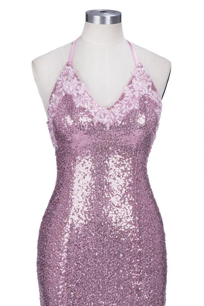 Rose Pink Sequins Mermaid Long Spaghetti Straps V-neck Prom Dresses
