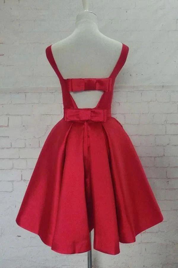 Round Neck Cute Red A line Satin Short Prom Dress Homecoming Dress  PD129