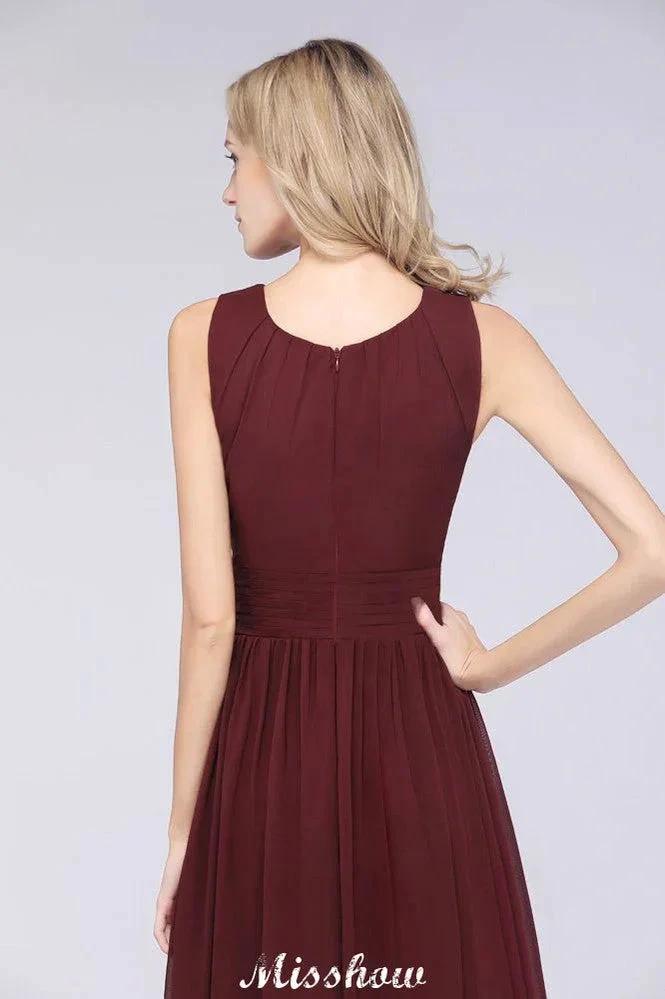 Round-Neck Floor-Length Ruffles Chiffon Bridesmaid Dress Aline Sleeveless Maid of Honor Dress