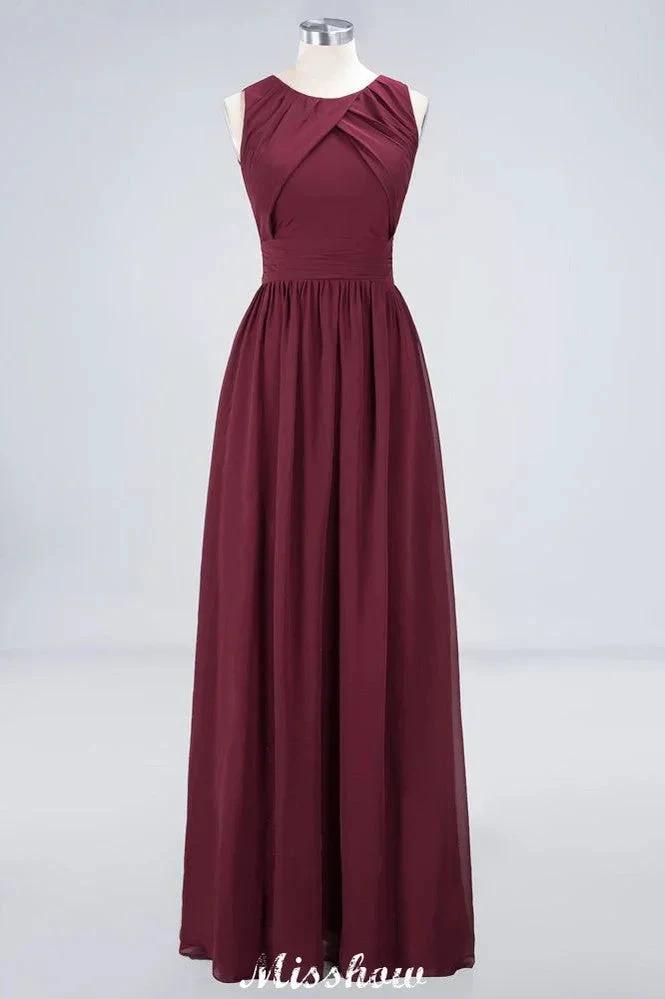Round-Neck Floor-Length Ruffles Chiffon Bridesmaid Dress Aline Sleeveless Maid of Honor Dress
