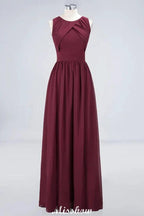 Round-Neck Floor-Length Ruffles Chiffon Bridesmaid Dress Aline Sleeveless Maid of Honor Dress