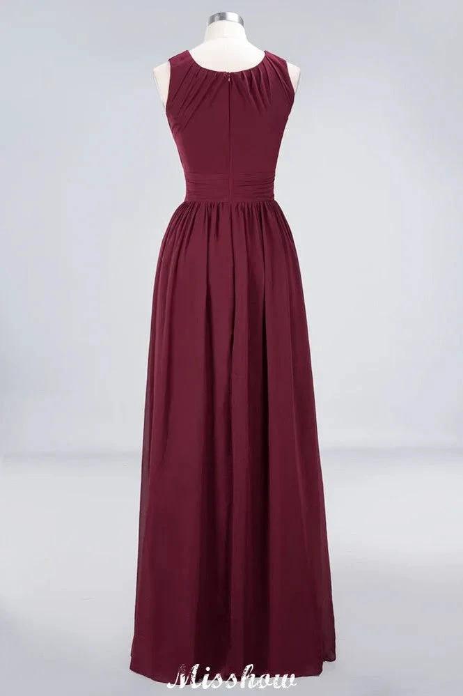 Round-Neck Floor-Length Ruffles Chiffon Bridesmaid Dress Aline Sleeveless Maid of Honor Dress