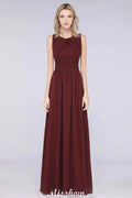 Round-Neck Floor-Length Ruffles Chiffon Bridesmaid Dress Aline Sleeveless Maid of Honor Dress