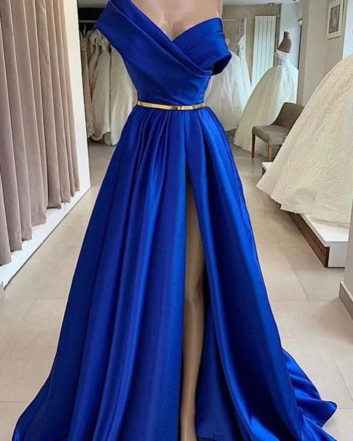Royal Blue Long A-line One Shoulder Satin Prom Dresses with Slit