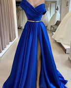 Royal Blue Long A-line One Shoulder Satin Prom Dresses with Slit