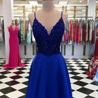 Royal Blue Long A-Line Sequins Satin V-neck Prom Dresses