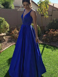 Royal Blue Long A Line V Neck Satin Formal Graduation Prom Dresses