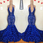 Royal Blue Mermaid Prom Dress Flowers Bottom Sequins V-Neck