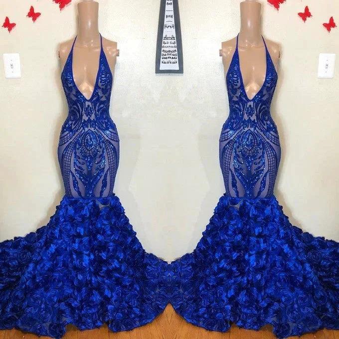 Royal Blue Mermaid Prom Dress Flowers Bottom Sequins V-Neck