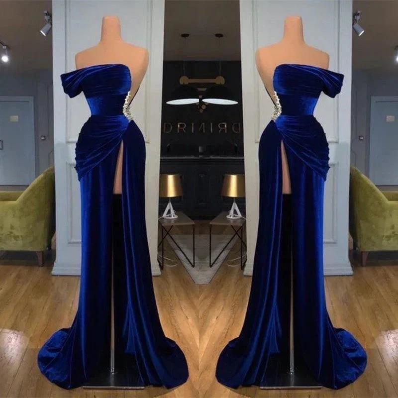 Royal Blue Off-the-shoulder Long Prom Evening Dress with Split