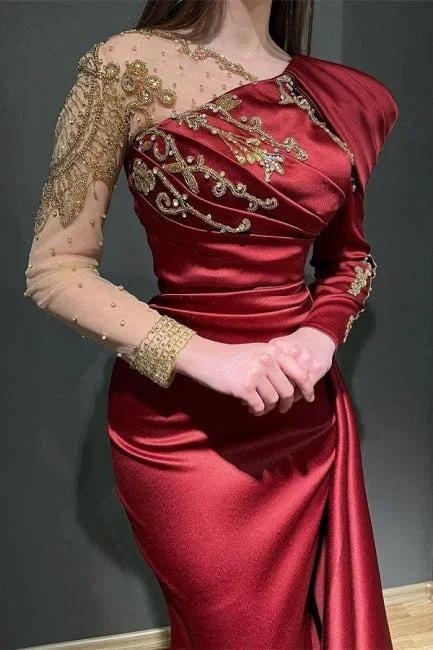 Ruby Asymmetrical Long Sleeves Mermaid Stretch Satin Prom Dress with Ruffles