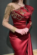 Ruby Asymmetrical Long Sleeves Mermaid Stretch Satin Prom Dress with Ruffles