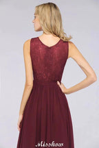 Ruffle A-Line Floor-Length Bridesmaid Dress Chiffon Lace V-Neck Evening Dress